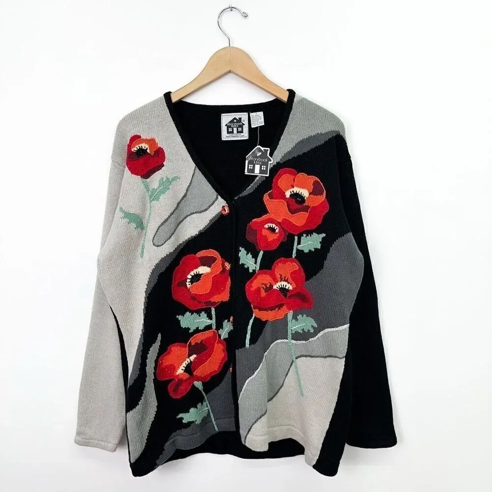 Storybook Knits Women’s Beaded Hand Knit Large Red Orange Poppy Flower Black Gre
